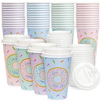 48 Pack Disposable Coffee Cups With Lids, 16 oz, 4 Pastel Designs