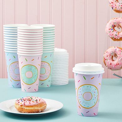 Donut Party Insulated Coffee Cups with Lids (16 oz, 4 Pastel Designs, 48 Pack)