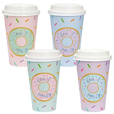 Donut Party Insulated Coffee Cups with Lids (16 oz, 4 Pastel Designs, 48 Pack)