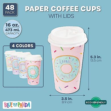 Donut Party Insulated Coffee Cups with Lids (16 oz, 4 Pastel Designs, 48 Pack)