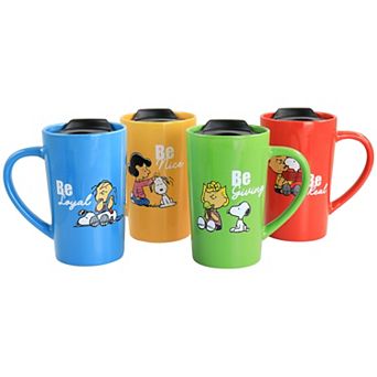 Peanuts Gentle Reminders Stoneware 4 pc 18oz Travel Cups in Assorted Designs