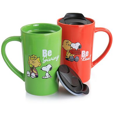 Peanuts Gentle Reminders Stoneware 4 Piece 18oz Travel Cups in Assorted Designs