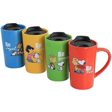 Peanuts Gentle Reminders Stoneware 4 Piece 18oz Travel Cups in Assorted Designs