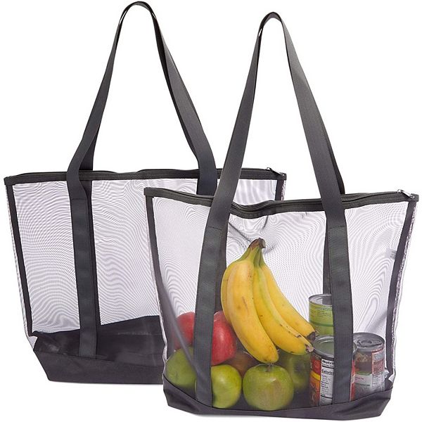 Mesh Tote Bags with Zipper for Grocery Shopping, Beach (Black, Large, 2 ...