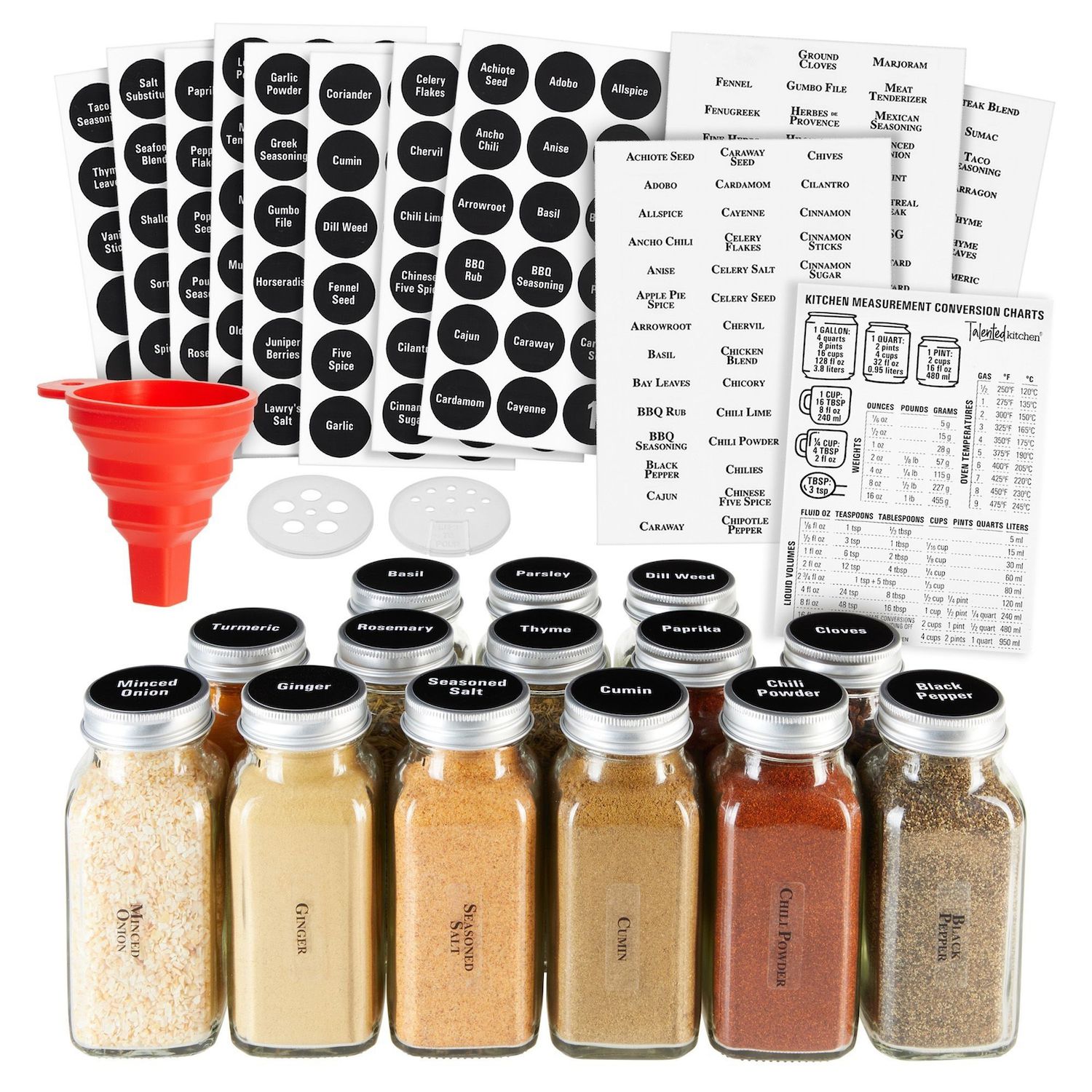 Talented Kitchen 24 Pack Glass Spice Bottles with 284 Preprinted Label Stickers, 4 oz Empty Square Seasoning Jars with Shaker Lids & Gold Caps