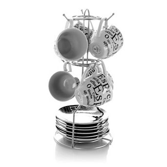 Gibson Espresso 13 pc Small 3 oz Stoneware Coffee Cup Set with Wire Saucer Cup Rack