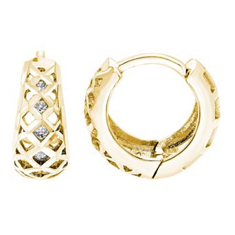 Theia Sky 14k Gold Filigree Basket Cubic Zirconia Huggie Hoop Earrings