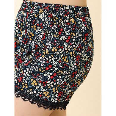 Women's Floral Printed Lace Trim Elastic Waist Shorts