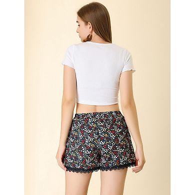 Women's Floral Printed Lace Trim Elastic Waist Shorts