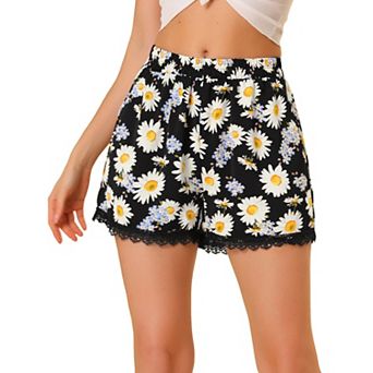 Women's Floral Printed Lace Trim Elastic Waist Shorts