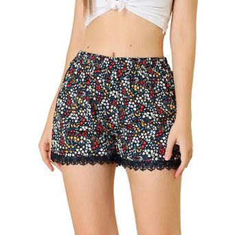 Women's Floral Printed Lace Trim Elastic Waist Shorts