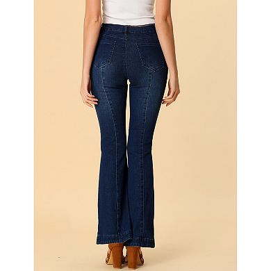 Women's Flare Vintage High Waist Stretch Long Pants Bell Button Jeans