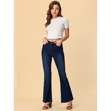 Women's Flare Vintage High Waist Stretch Long Pants Bell Button Jeans