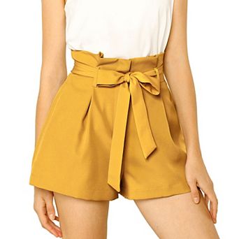 Women's Elegant Bow Self-Tie Belt High Paper Bag Waist Pleated Shorts