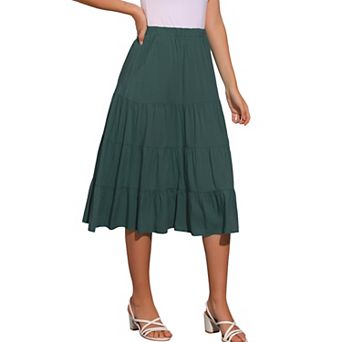 Women's A-line Tiered Pockets Midi Long Skirt