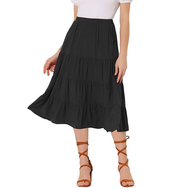 Women's A-line Tiered Pockets Midi Long Skirt