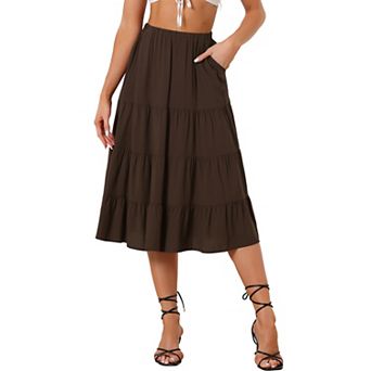 Women's A-line Tiered Pockets Midi Long Skirt