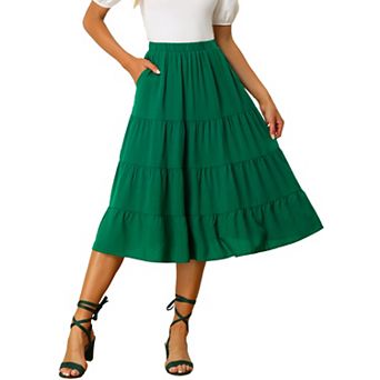 Women's A-line Tiered Pockets Midi Long Skirt