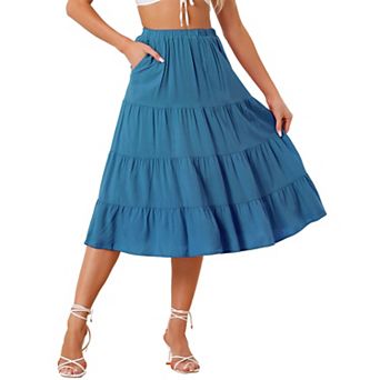 Women's A-Line Tiered Pockets Midi Long Skirt
