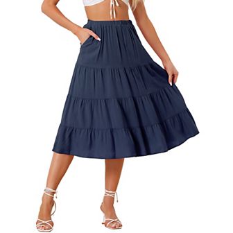 Women's A-line Tiered Pockets Midi Long Skirt
