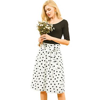Women's Polka Dots Belted Elastic Waist Vintage A-Line Midi Skirt