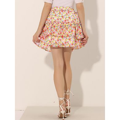 Women's Layered Ruffle Hem Chiffon Elastic Waist A-line Floral Skirt