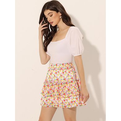 Women's Layered Ruffle Hem Chiffon Elastic Waist A-line Floral Skirt