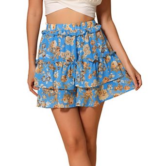 Women's Layered Ruffle Hem Chiffon Elastic Waist A-line Floral Skirt
