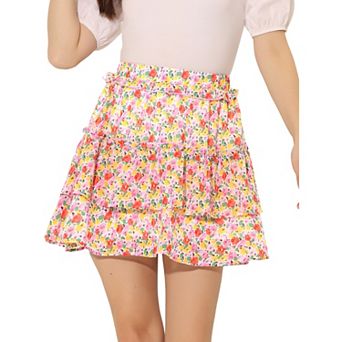 Women's Layered Ruffle Hem Chiffon Elastic Waist A-Line Floral Skirt