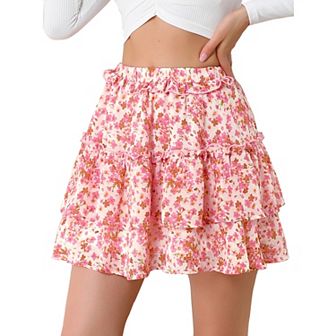 Women's Layered Ruffle Hem Chiffon Elastic Waist A-line Floral Skirt