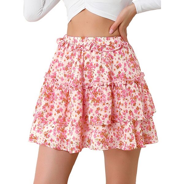 Women's Layered Ruffle Hem Chiffon Elastic Waist A-Line Floral Skirt