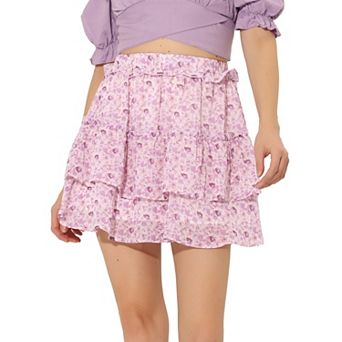 Women's Layered Ruffle Hem Chiffon Elastic Waist A-line Floral Skirt