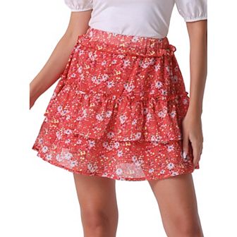 Women's Layered Ruffle Hem Chiffon Elastic Waist A-line Floral Skirt