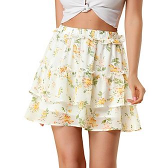 Women's Layered Ruffle Hem Chiffon Elastic Waist A-line Floral Skirt