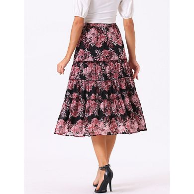 Women's Floral Print Elastic Waist Ruffle Maxi Tiered Skirt