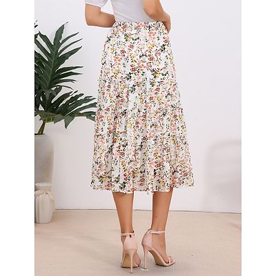 Women's Floral Print Elastic Waist Ruffle Maxi Tiered Skirt