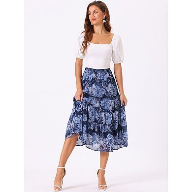 Women's Floral Print Elastic Waist Ruffle Maxi Tiered Skirt
