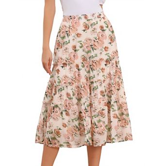 Women's Floral Print Elastic Waist Ruffle Maxi Tiered Skirt