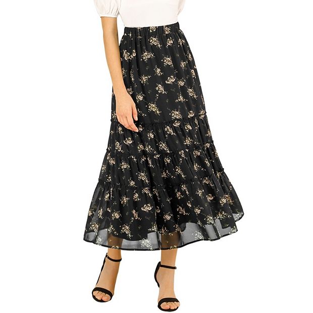 Women's Floral Print Elastic Waist Ruffle Maxi Tiered Skirt