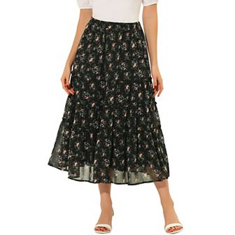 Women's Floral Print Elastic Waist Ruffle Maxi Tiered Skirt