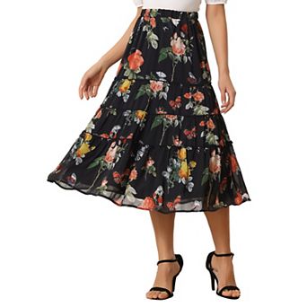 Women's Floral Print Elastic Waist Ruffle Maxi Tiered Skirt
