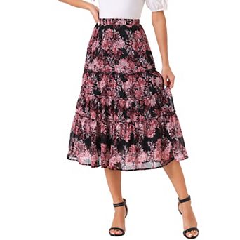 Women's Floral Print Elastic Waist Ruffle Maxi Tiered Skirt