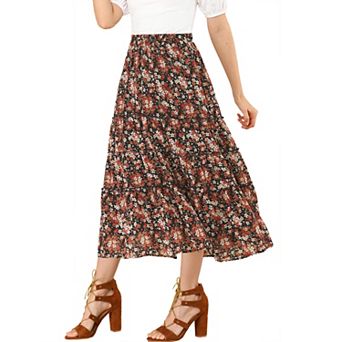 Women's Floral Print Elastic Waist Ruffle Maxi Tiered Skirt