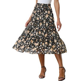 Women's Floral Print Elastic Waist Ruffle Maxi Tiered Skirt