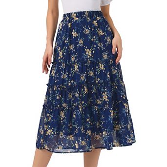 Women's Floral Print Elastic Waist Ruffle Maxi Tiered Skirt
