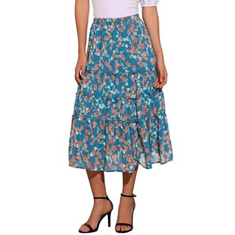 Women's Floral Print Elastic Waist Ruffle Maxi Tiered Skirt