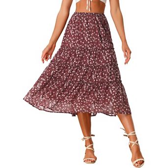 Women's Floral Print Elastic Waist Ruffle Maxi Tiered Skirt