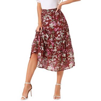 Women's Floral Print Elastic Waist Ruffle Maxi Tiered Skirt