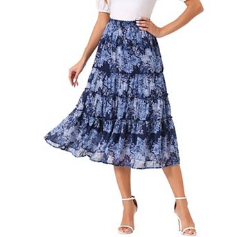Women's Floral Print Elastic Waist Ruffle Maxi Tiered Skirt