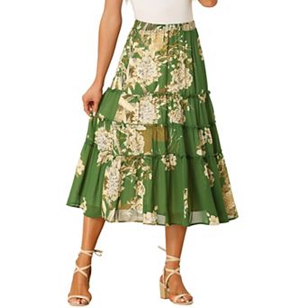 Women's Floral Print Elastic Waist Ruffle Maxi Tiered Skirt